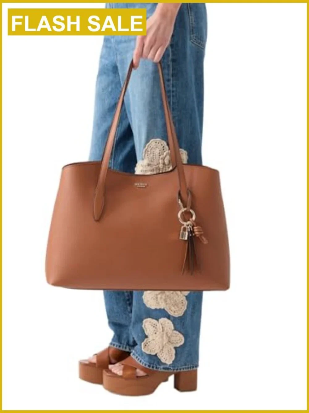 Large PU Leather Tote Bag with Removable Pouch and Charm
